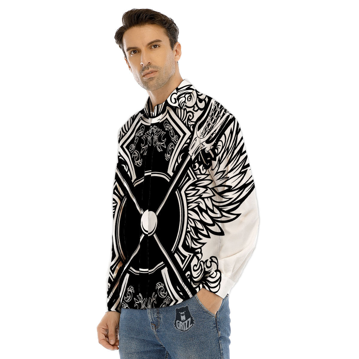 Sticks Lacrosse Ornate Wing Print Men's Dress Shirts-grizzshop