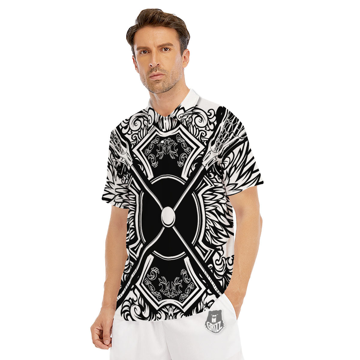 Sticks Lacrosse Ornate Wing Print Men's Golf Shirts-grizzshop