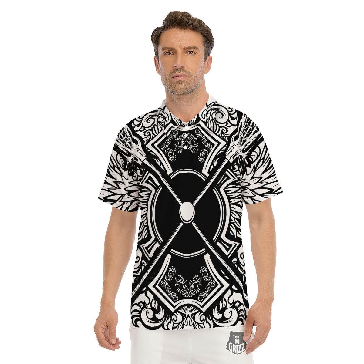 Sticks Lacrosse Ornate Wing Print Men's Golf Shirts-grizzshop