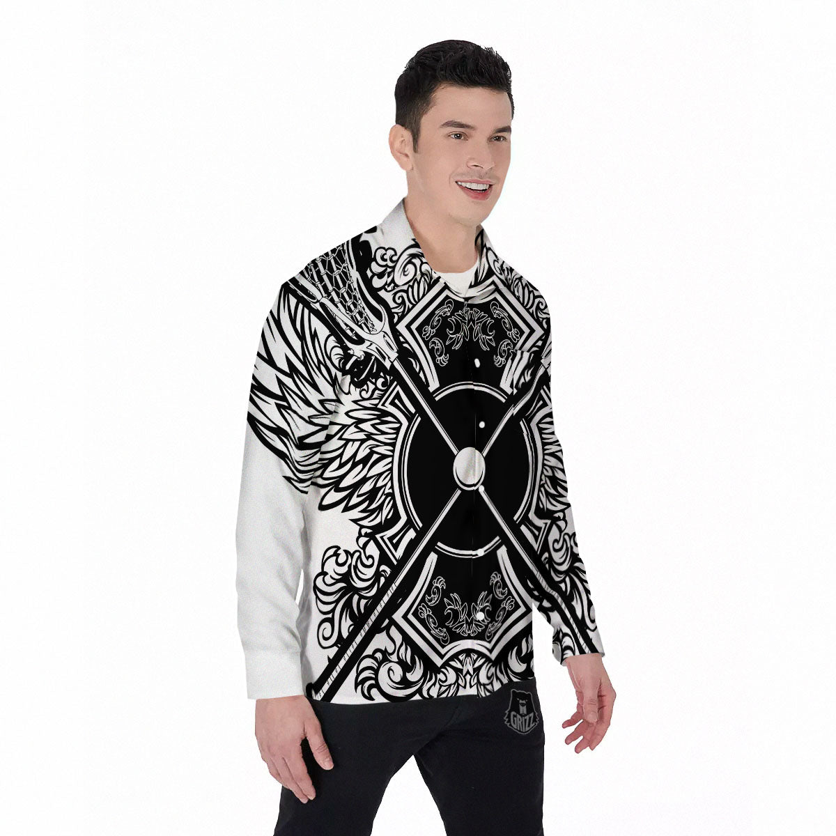 Sticks Lacrosse Ornate Wing Print Men's Long Sleeve Shirts-grizzshop