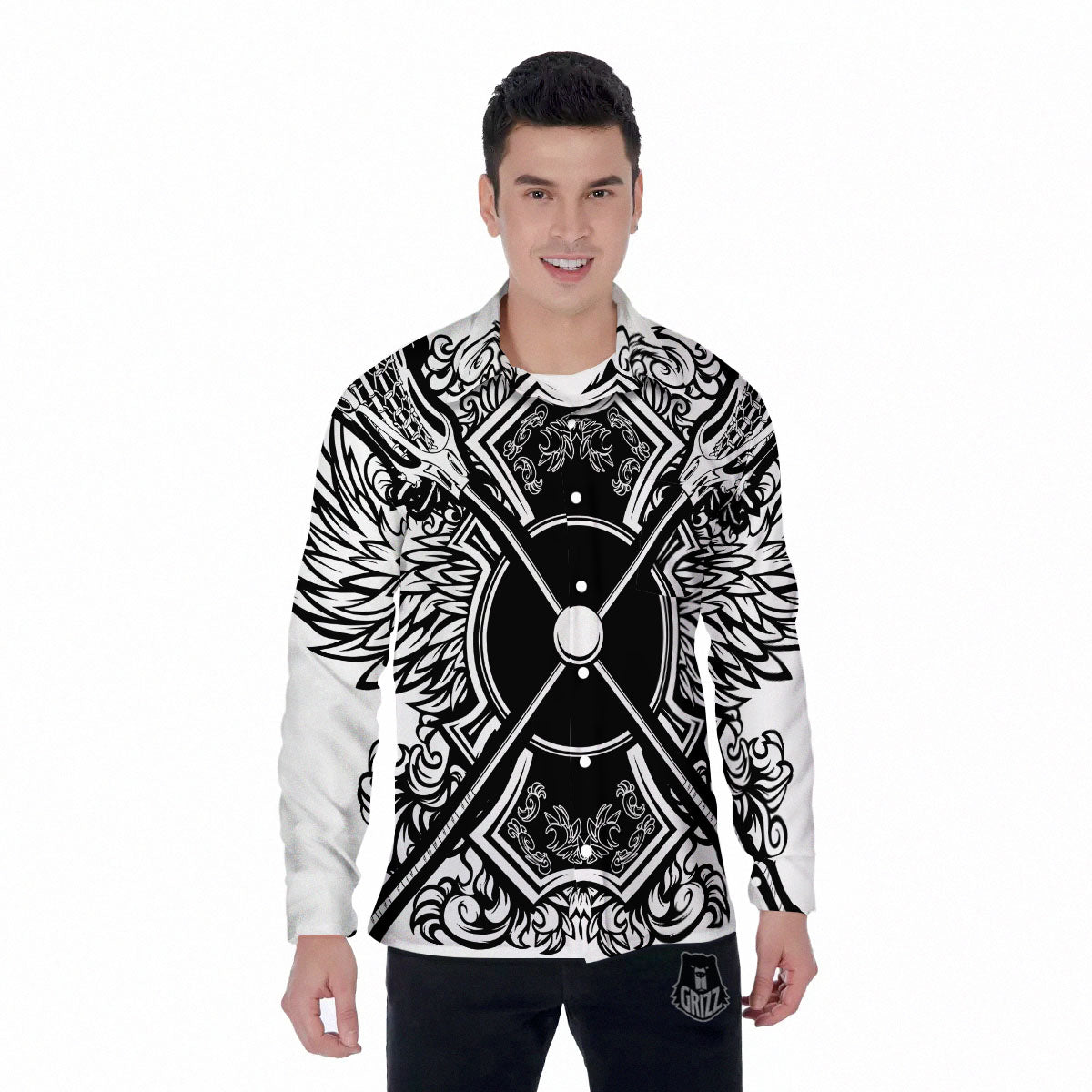 Sticks Lacrosse Ornate Wing Print Men's Long Sleeve Shirts-grizzshop