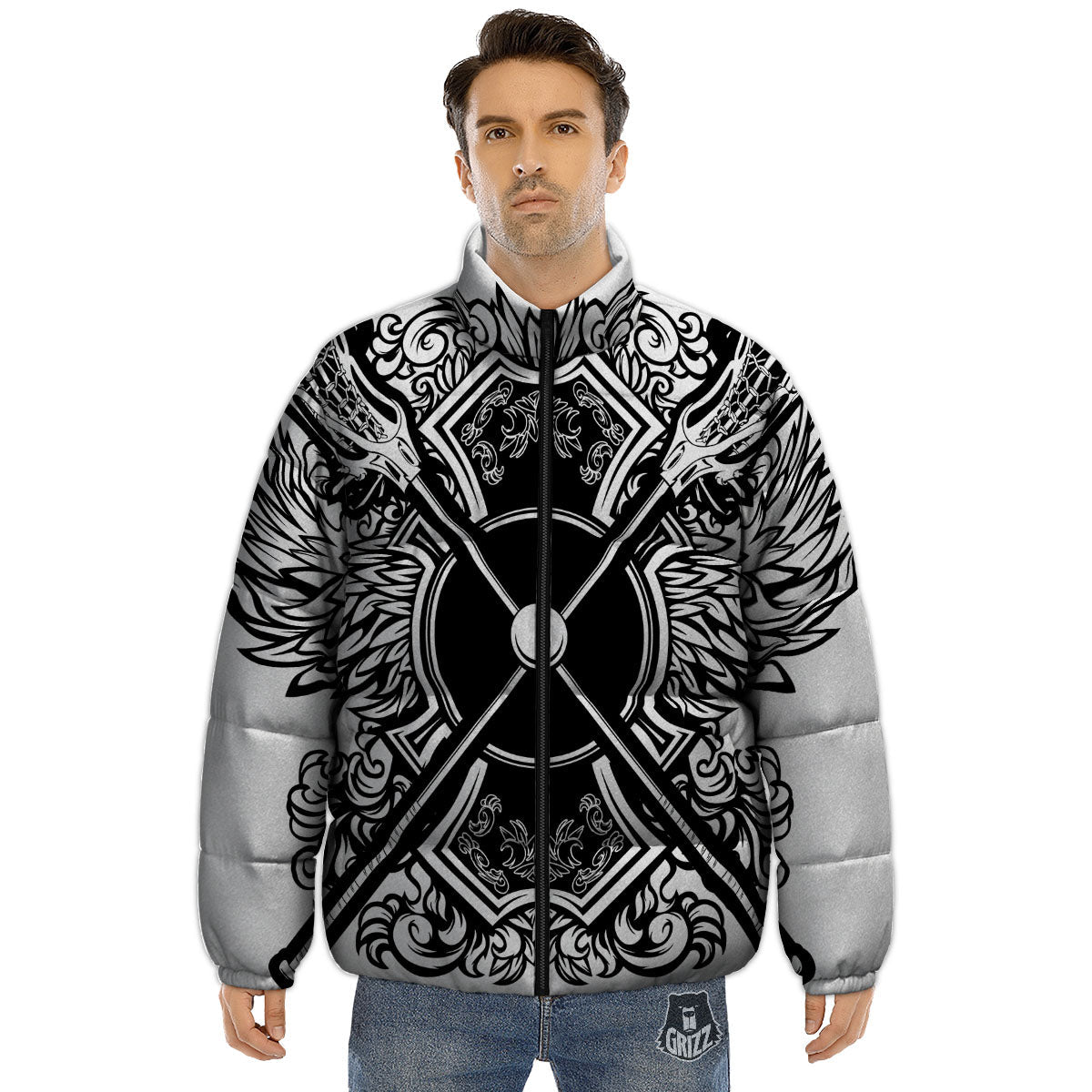 Sticks Lacrosse Ornate Wing Print Puffer Jacket-grizzshop