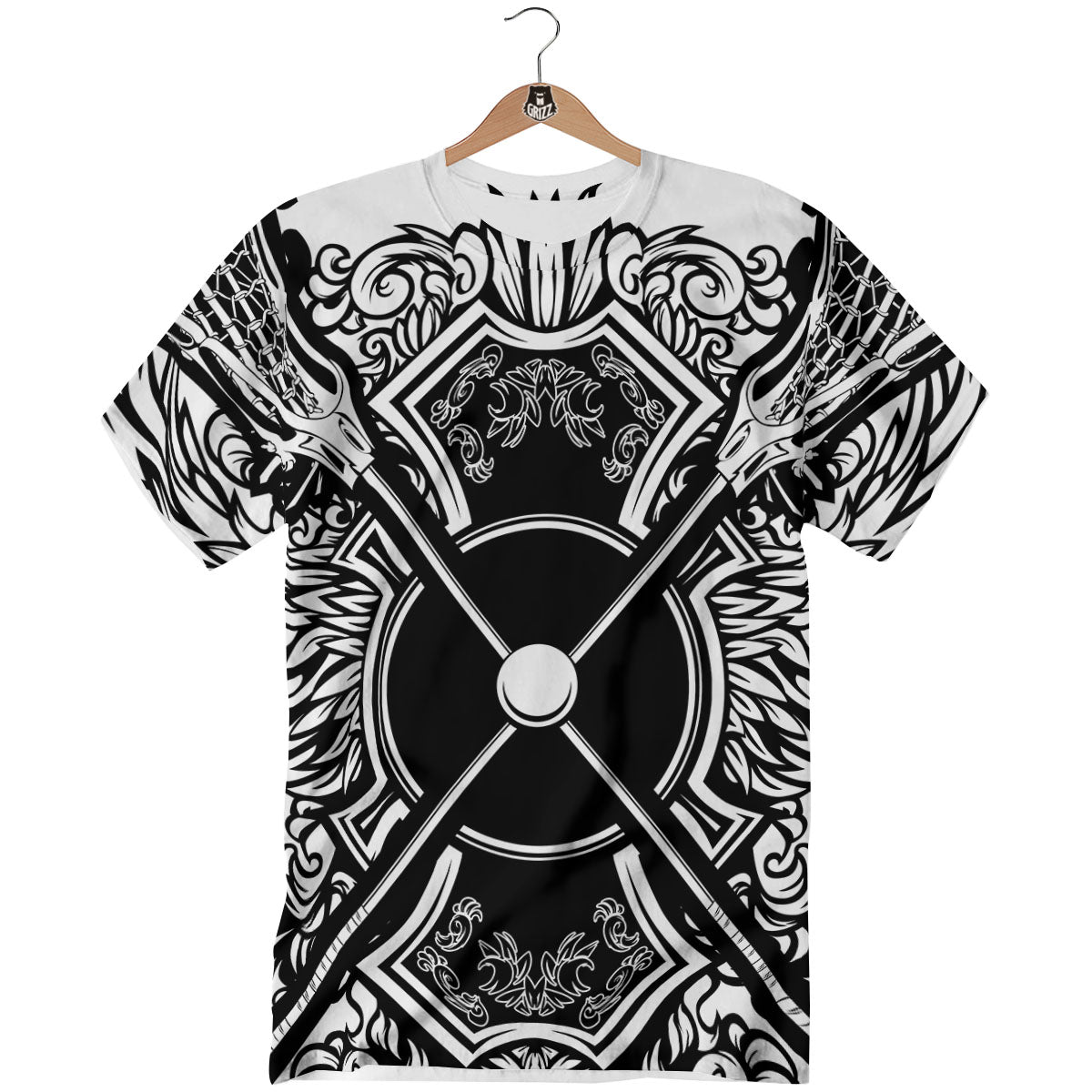 Sticks Lacrosse Ornate Wing Print T-Shirt-grizzshop