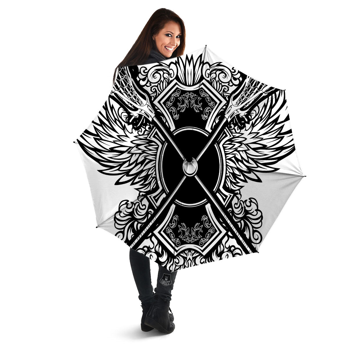 Sticks Lacrosse Ornate Wing Print Umbrella-grizzshop