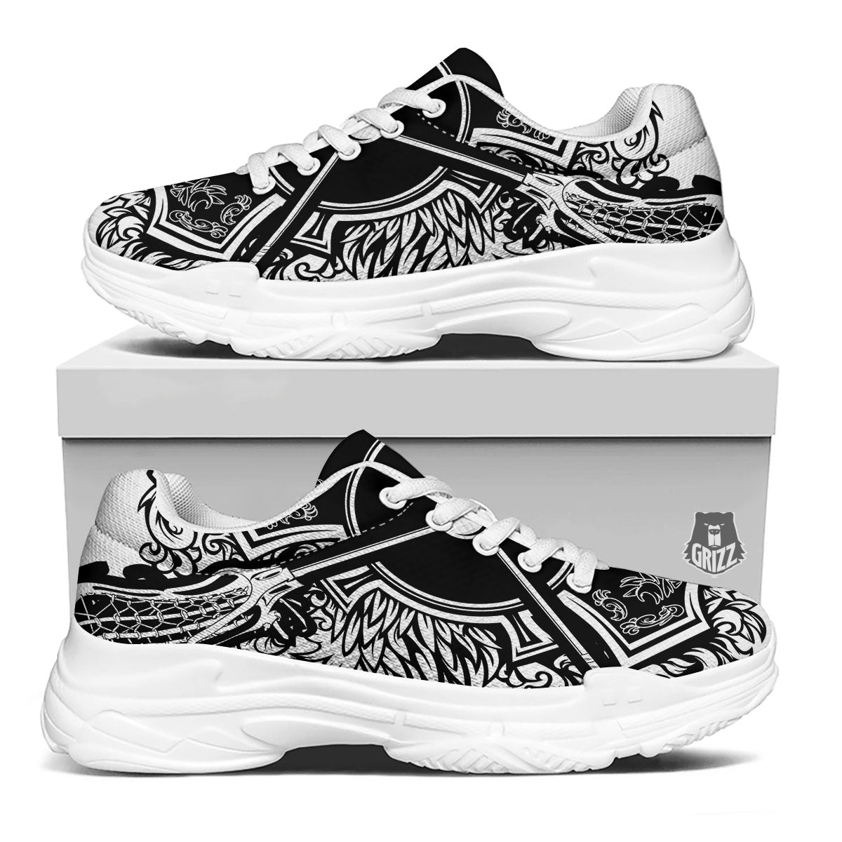 Sticks Lacrosse Ornate Wing Print White Chunky Shoes-grizzshop