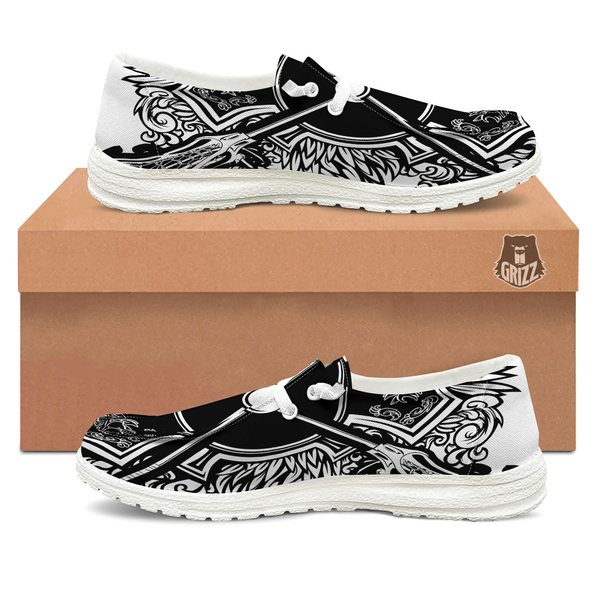 Sticks Lacrosse Ornate Wing Print White Loafers-grizzshop