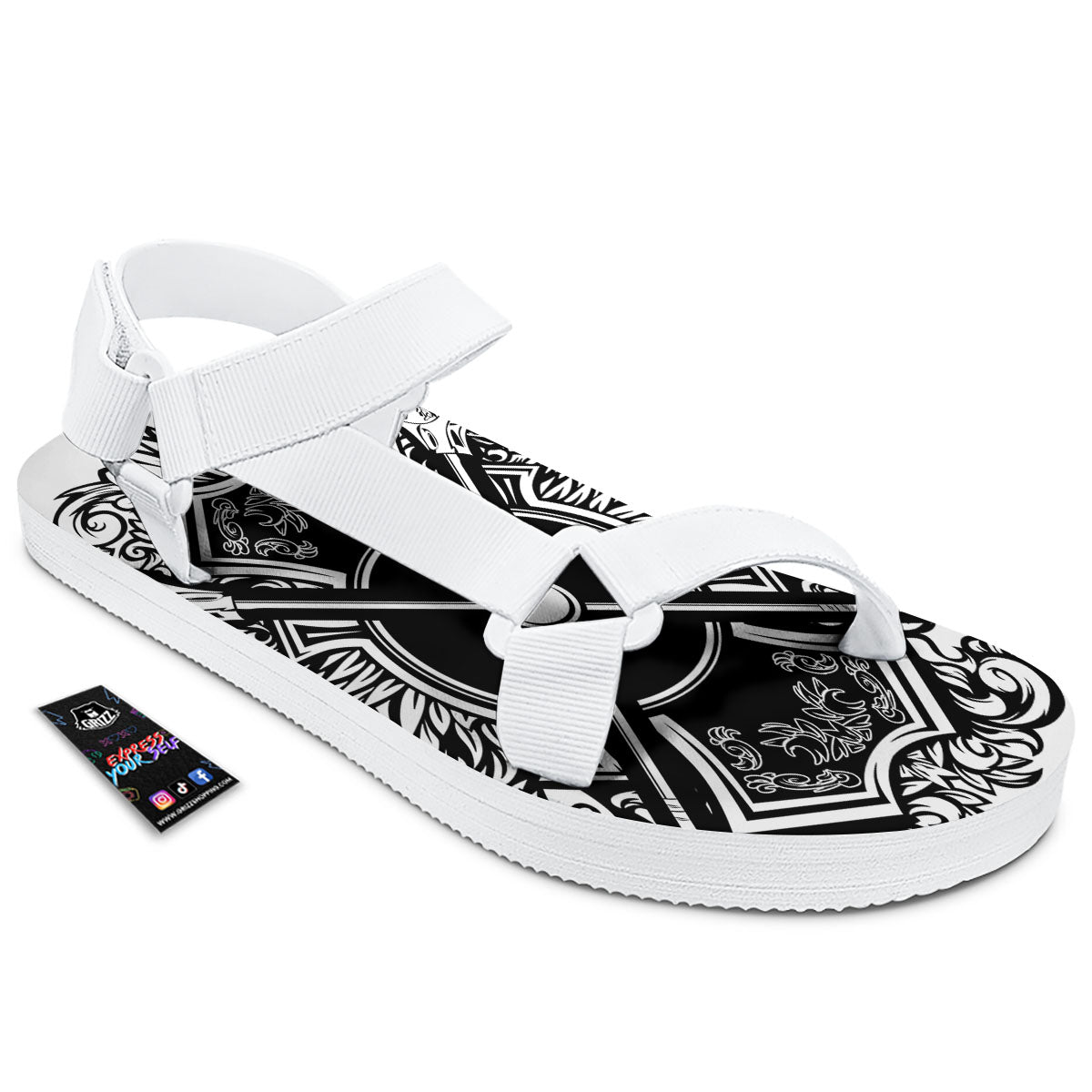 Sticks Lacrosse Ornate Wing Print White Open Toe Sandals-grizzshop