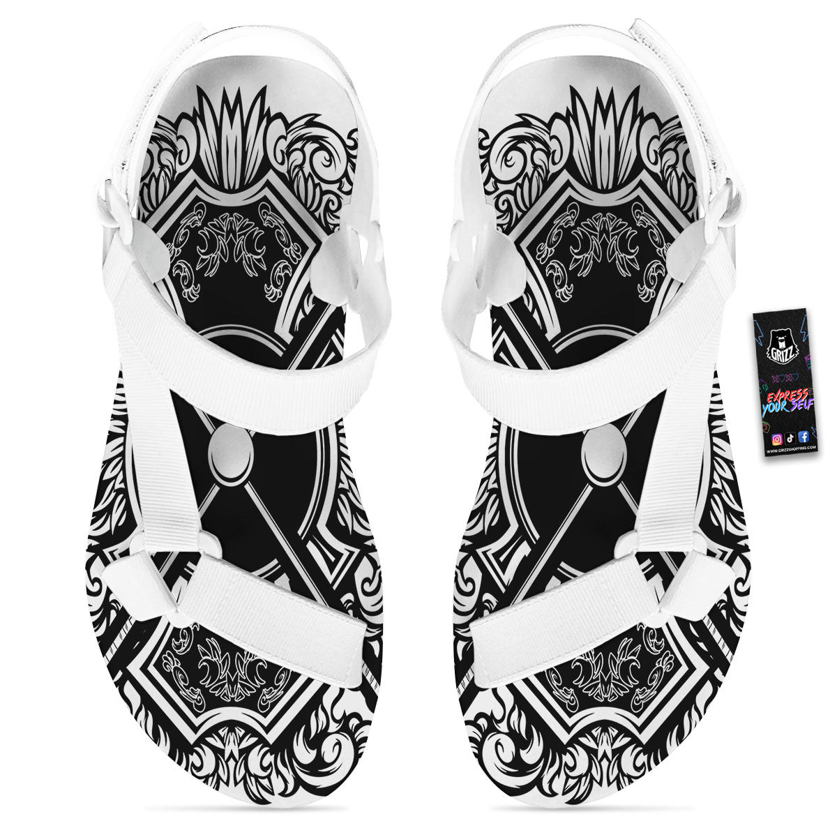 Sticks Lacrosse Ornate Wing Print White Open Toe Sandals-grizzshop