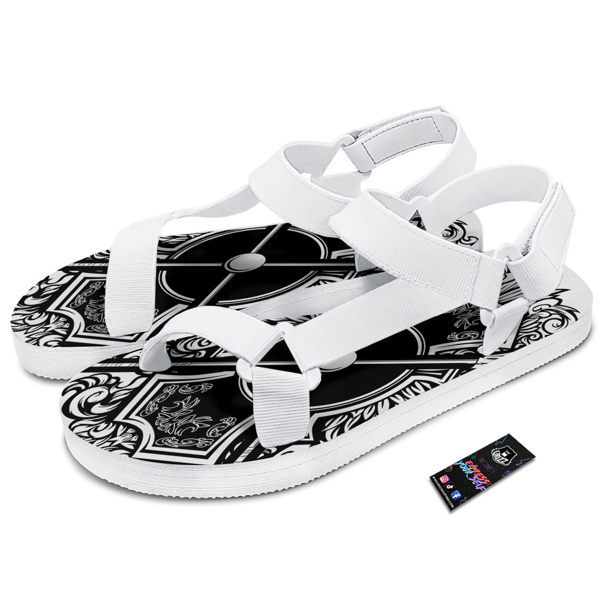 Sticks Lacrosse Ornate Wing Print White Open Toe Sandals-grizzshop