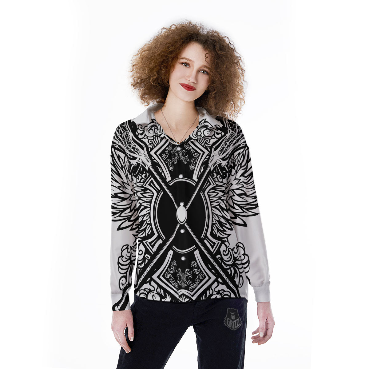 Sticks Lacrosse Ornate Wing Print Women's Long Sleeve Shirts-grizzshop