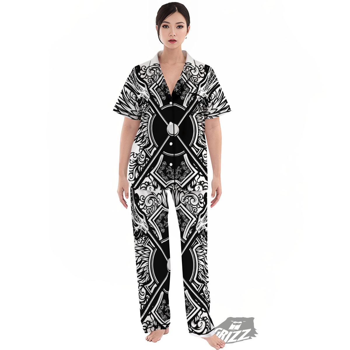 Sticks Lacrosse Ornate Wing Print Women's Pajamas Set-grizzshop