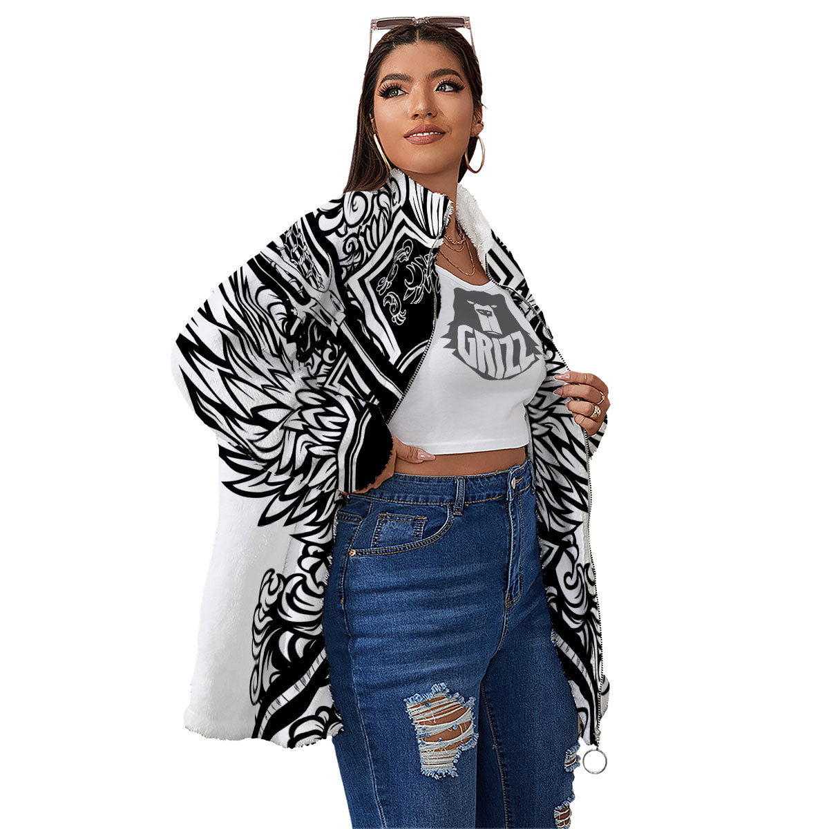 Sticks Lacrosse Ornate Wing Print Women's Sherpa Jacket-grizzshop