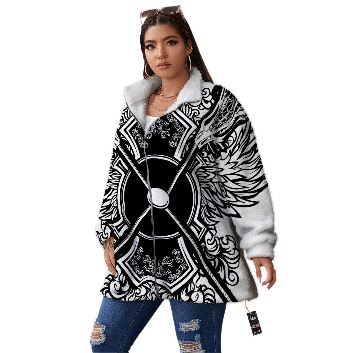 Sticks Lacrosse Ornate Wing Print Women's Sherpa Jacket-grizzshop