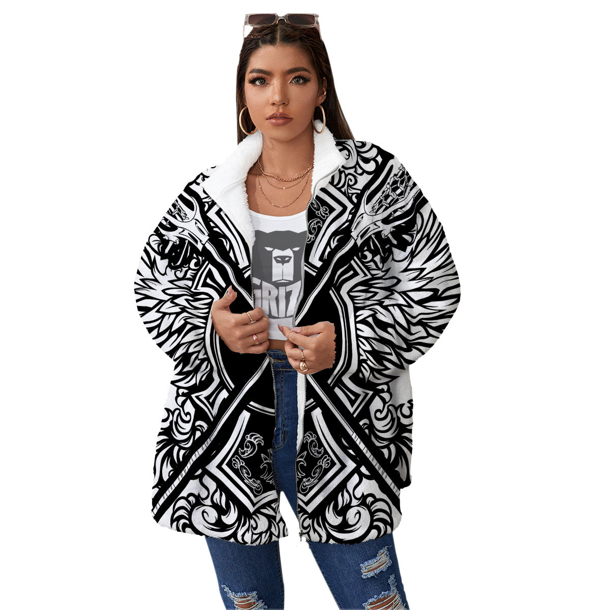 Sticks Lacrosse Ornate Wing Print Women's Sherpa Jacket-grizzshop