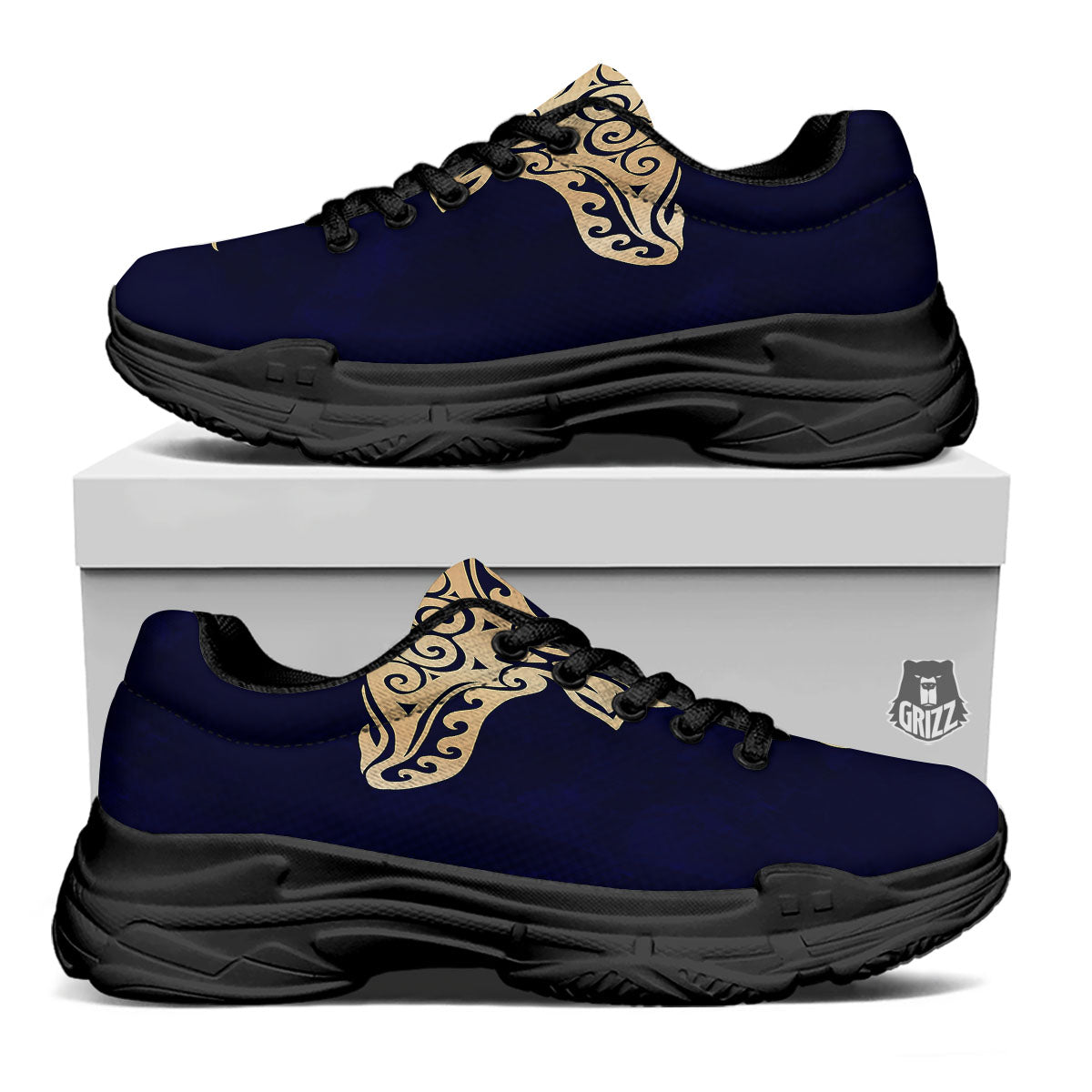 Stingray Spiritual Golden Print Black Chunky Shoes-grizzshop