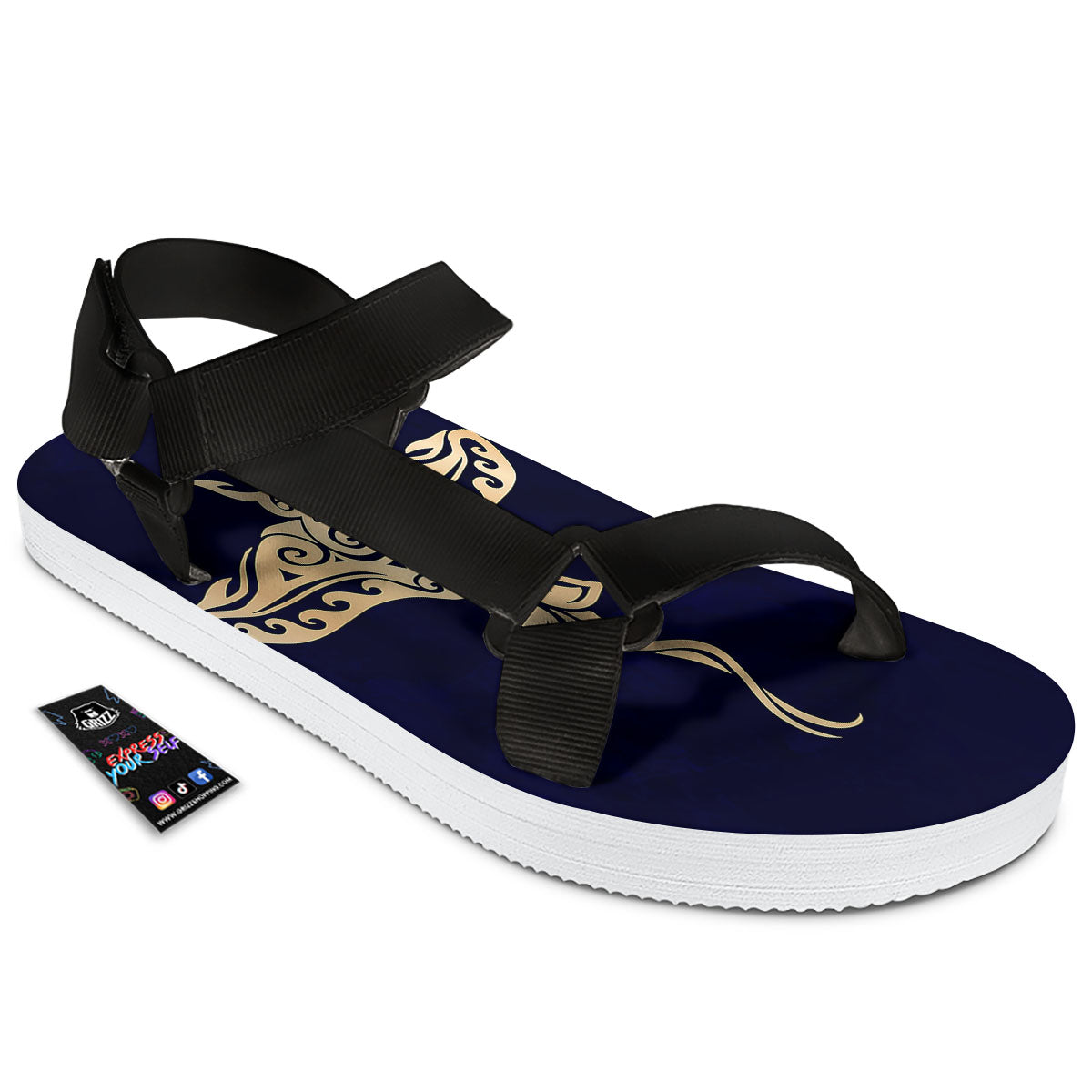 Stingray Spiritual Golden Print Black Open Toe Sandals-grizzshop