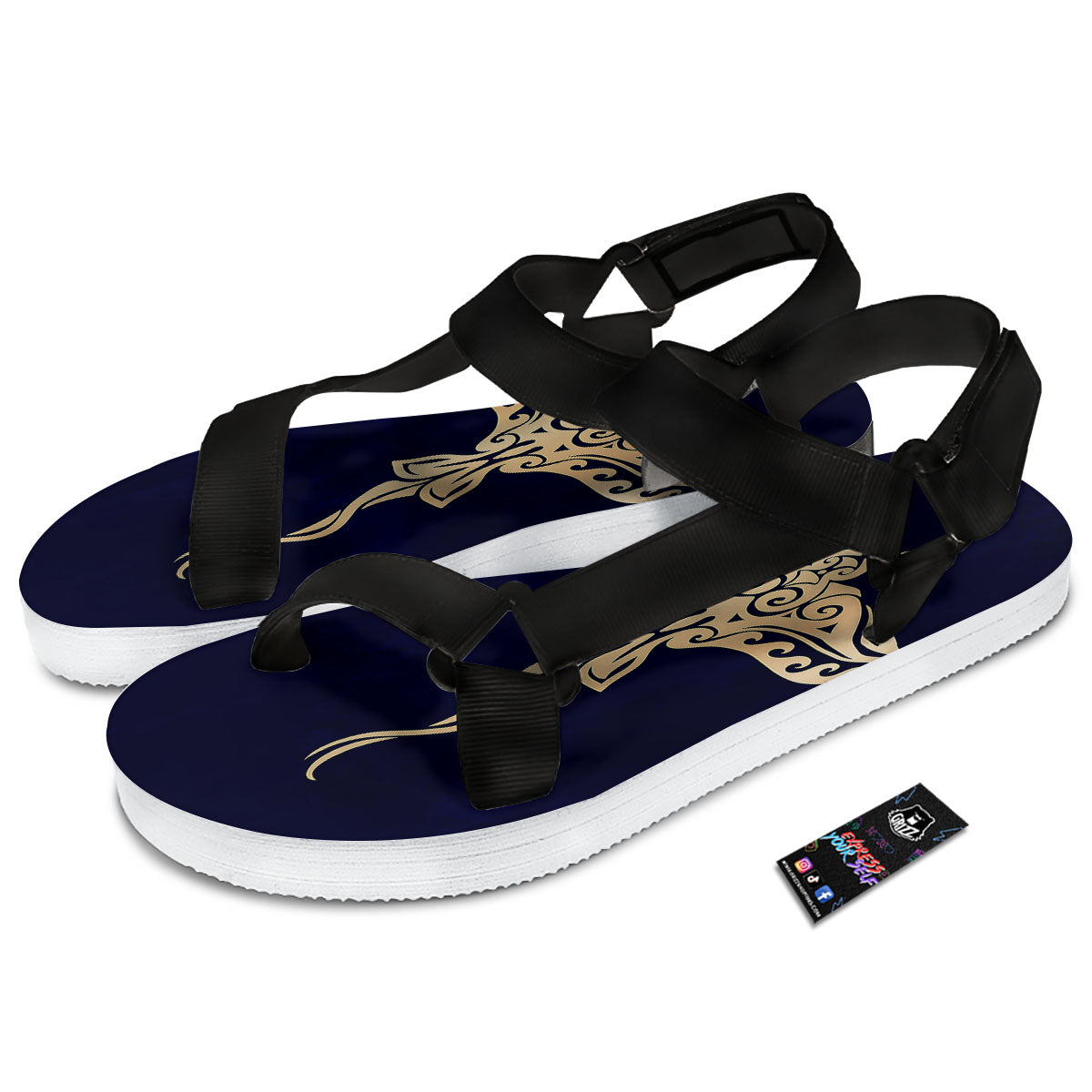 Stingray Spiritual Golden Print Black Open Toe Sandals-grizzshop