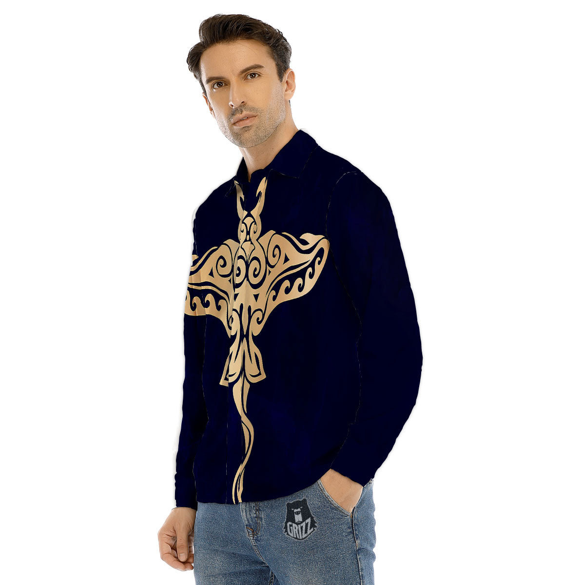 Stingray Spiritual Golden Print Men's Dress Shirts-grizzshop