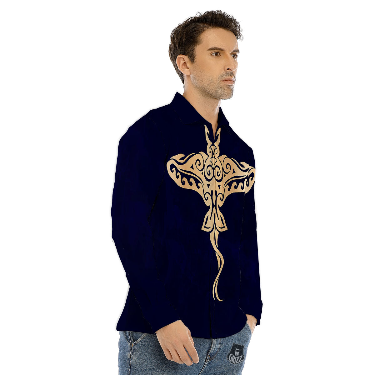 Stingray Spiritual Golden Print Men's Dress Shirts-grizzshop