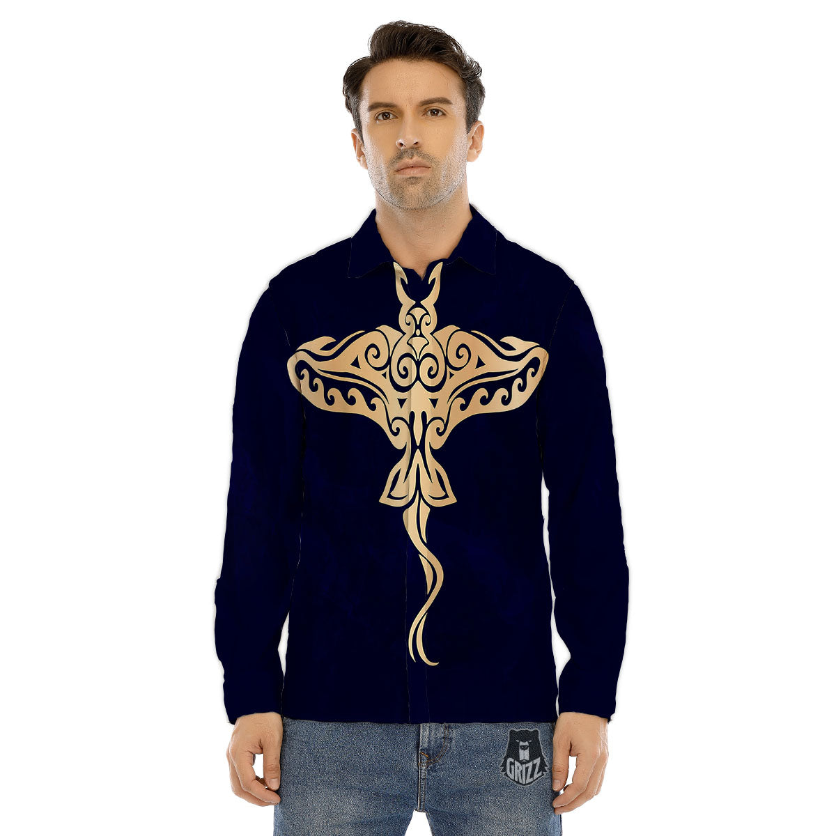 Stingray Spiritual Golden Print Men's Dress Shirts-grizzshop