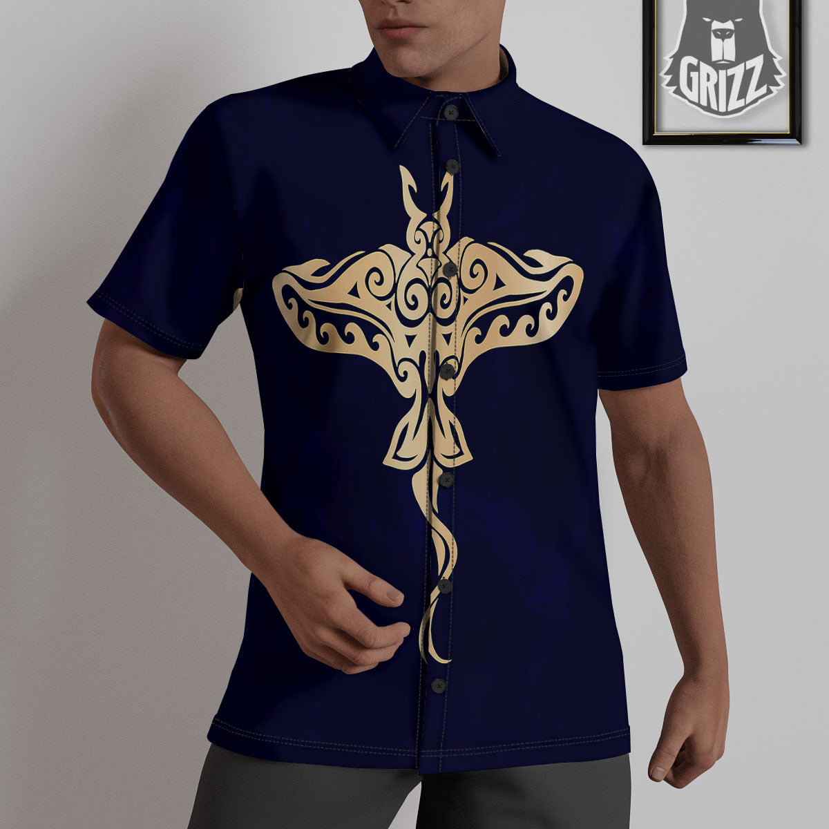 Stingray Spiritual Golden Print Untucked Shirts-grizzshop