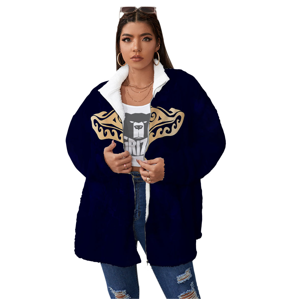 Stingray Spiritual Golden Print Women's Sherpa Jacket-grizzshop