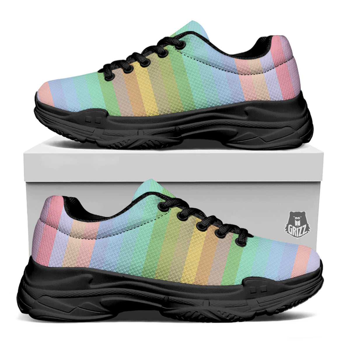 Stiped Rainbow Pastel Print Black Chunky Shoes-grizzshop