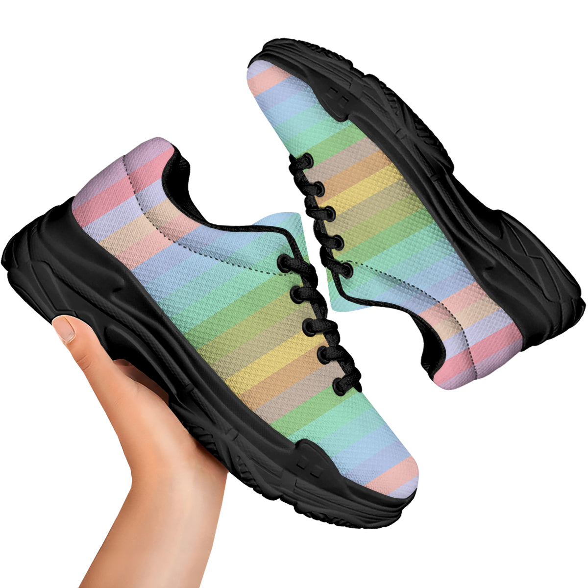 Stiped Rainbow Pastel Print Black Chunky Shoes-grizzshop