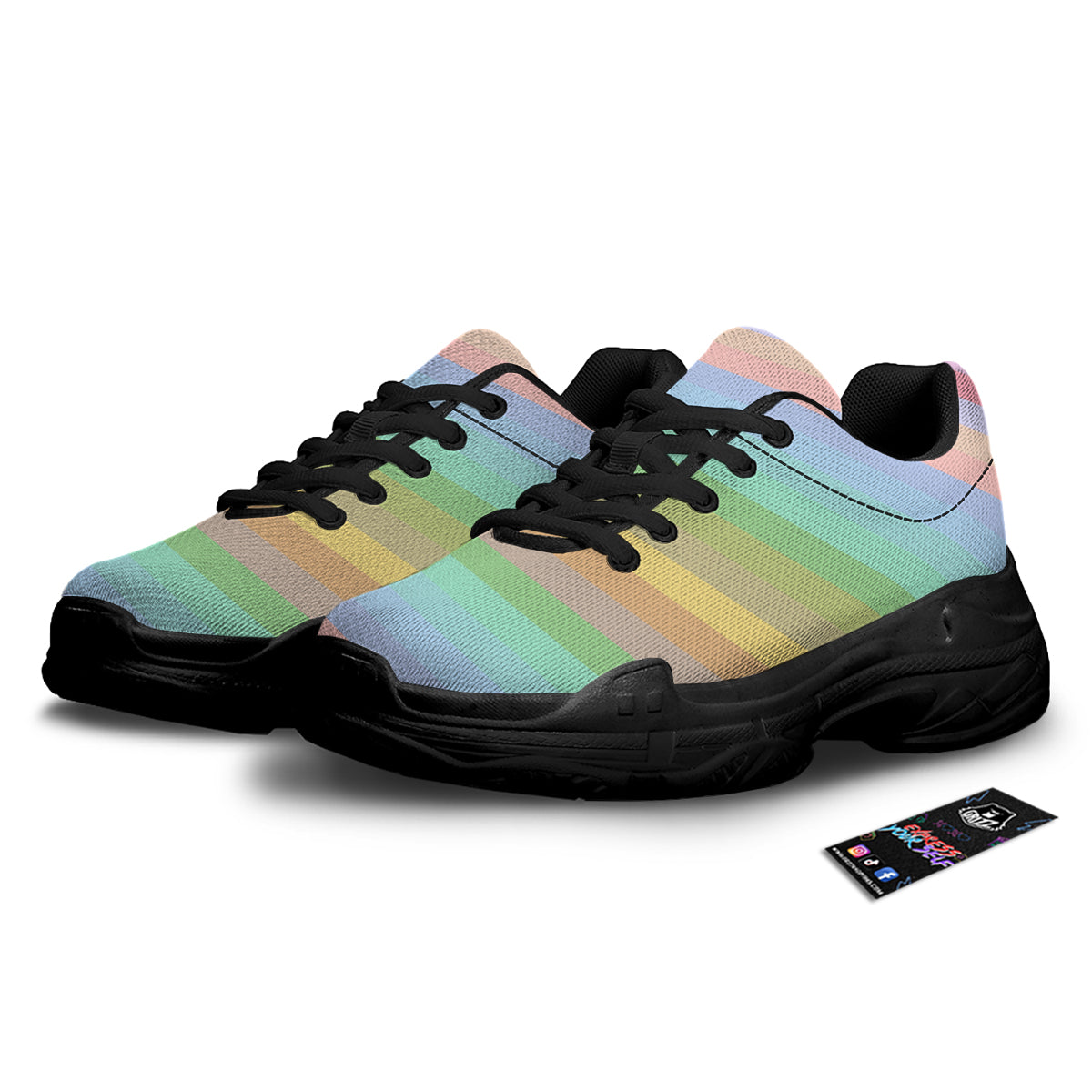 Stiped Rainbow Pastel Print Black Chunky Shoes-grizzshop