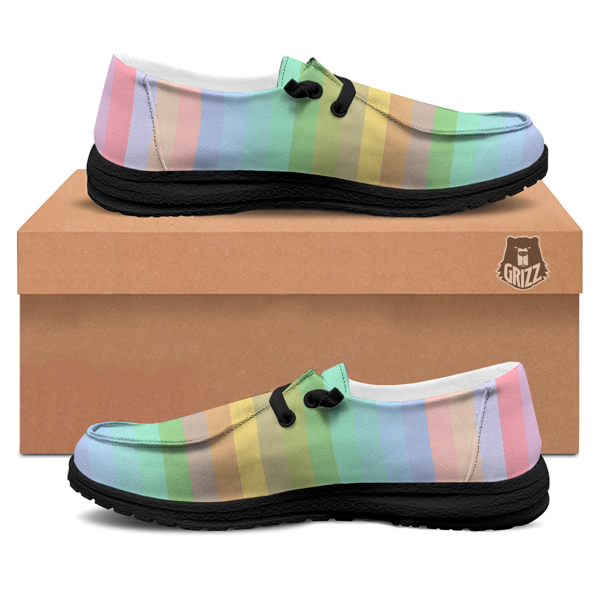 Stiped Rainbow Pastel Print Black Loafers-grizzshop