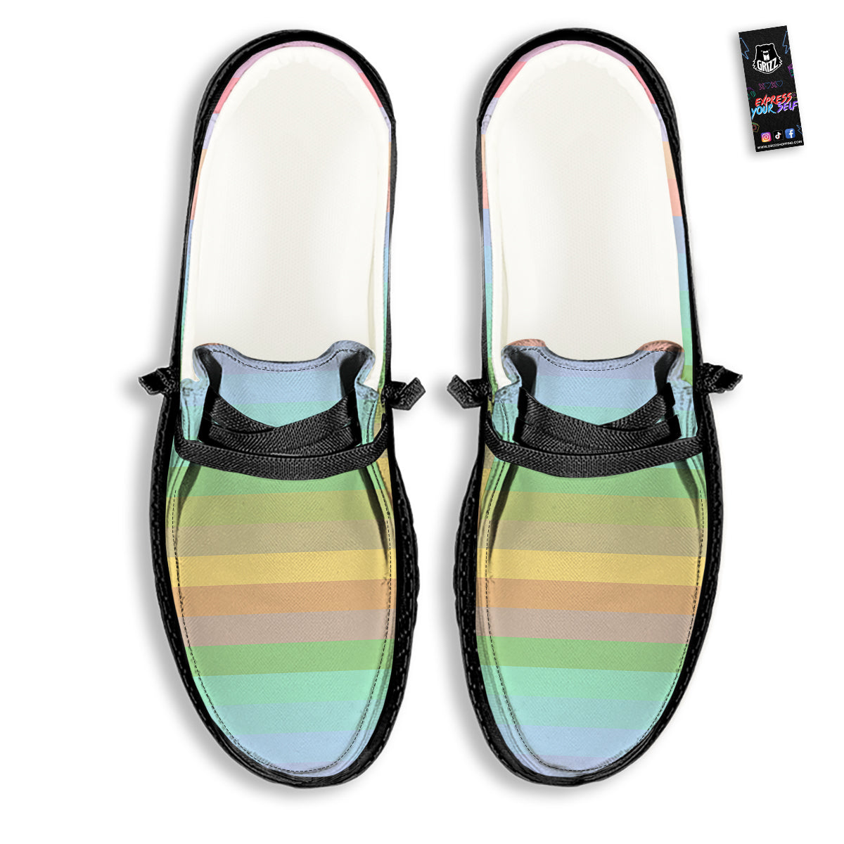 Stiped Rainbow Pastel Print Black Loafers-grizzshop