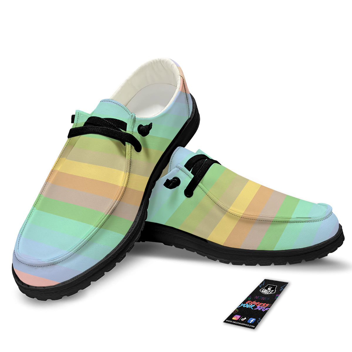 Stiped Rainbow Pastel Print Black Loafers-grizzshop