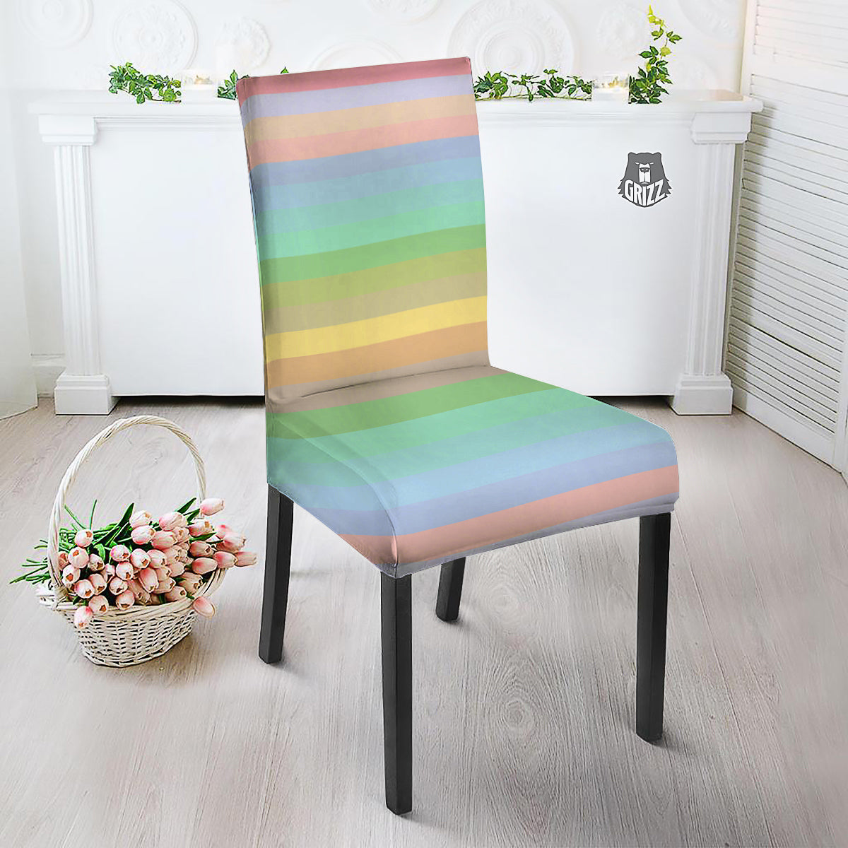 Stiped Rainbow Pastel Print Dining Chair Slipcover-grizzshop
