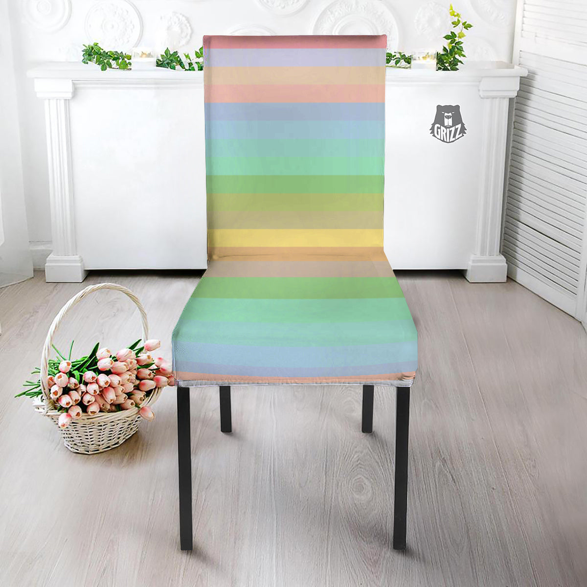 Stiped Rainbow Pastel Print Dining Chair Slipcover-grizzshop