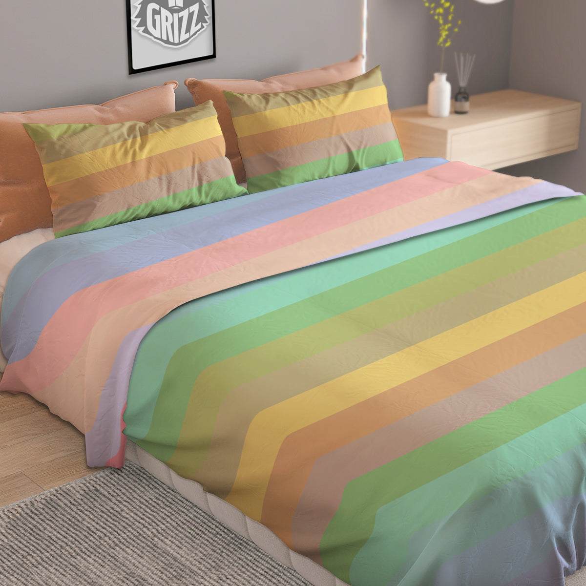 Stiped Rainbow Pastel Print Duvet Cover Bedding Set