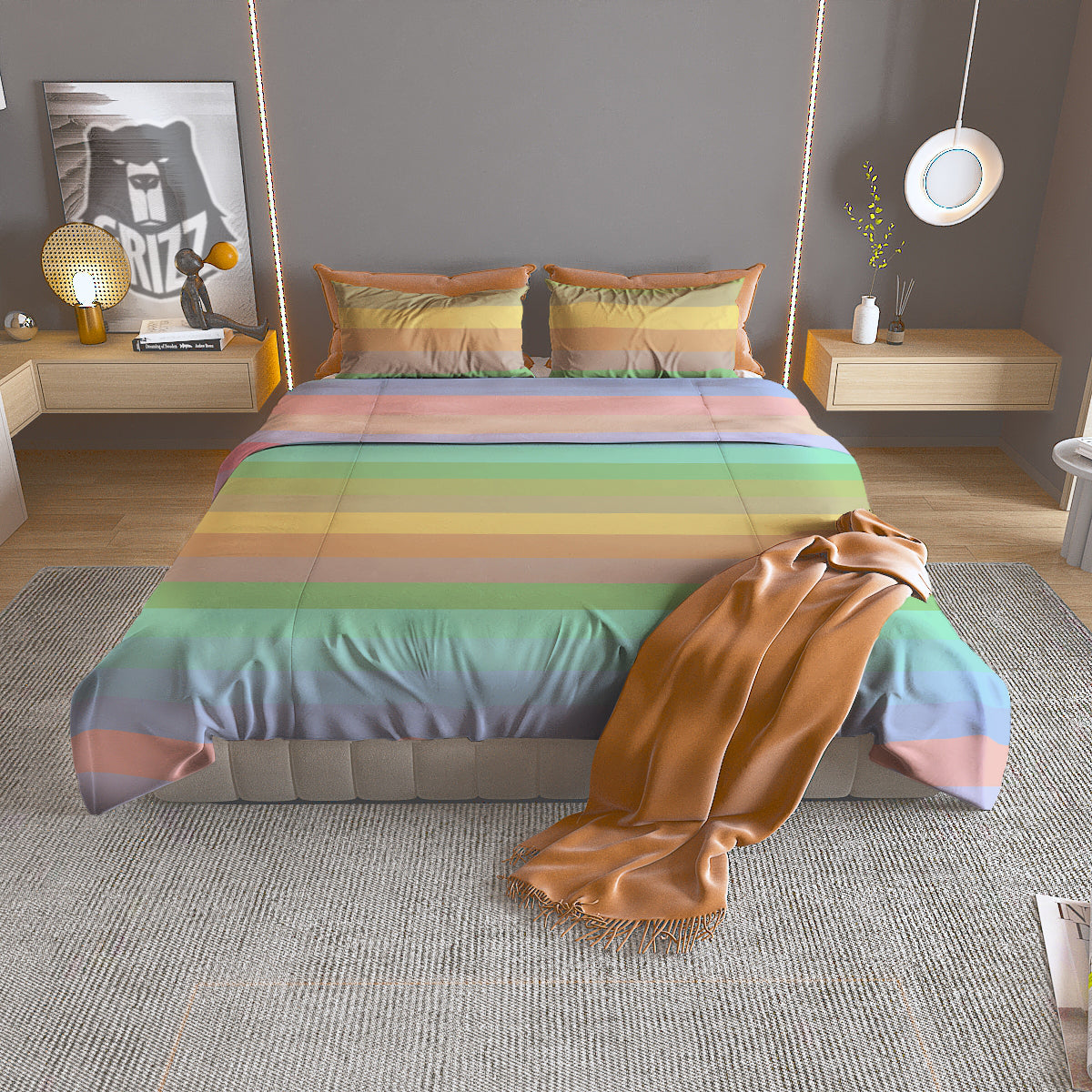 Stiped Rainbow Pastel Print Duvet Cover Bedding Set