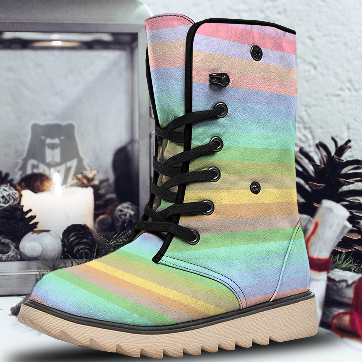 Stiped Rainbow Pastel Print Snow Boots-grizzshop