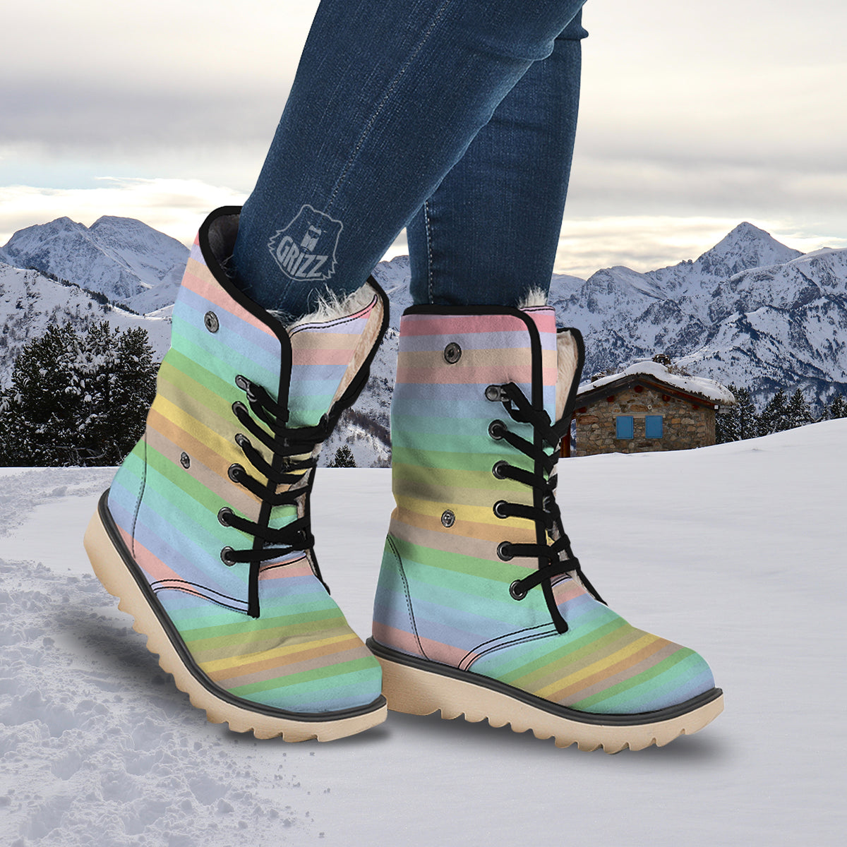 Stiped Rainbow Pastel Print Snow Boots-grizzshop