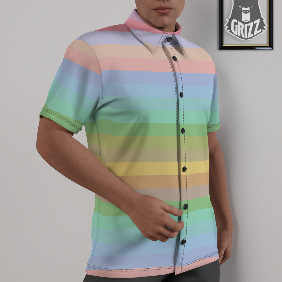 Stiped Rainbow Pastel Print Untucked Shirts-grizzshop