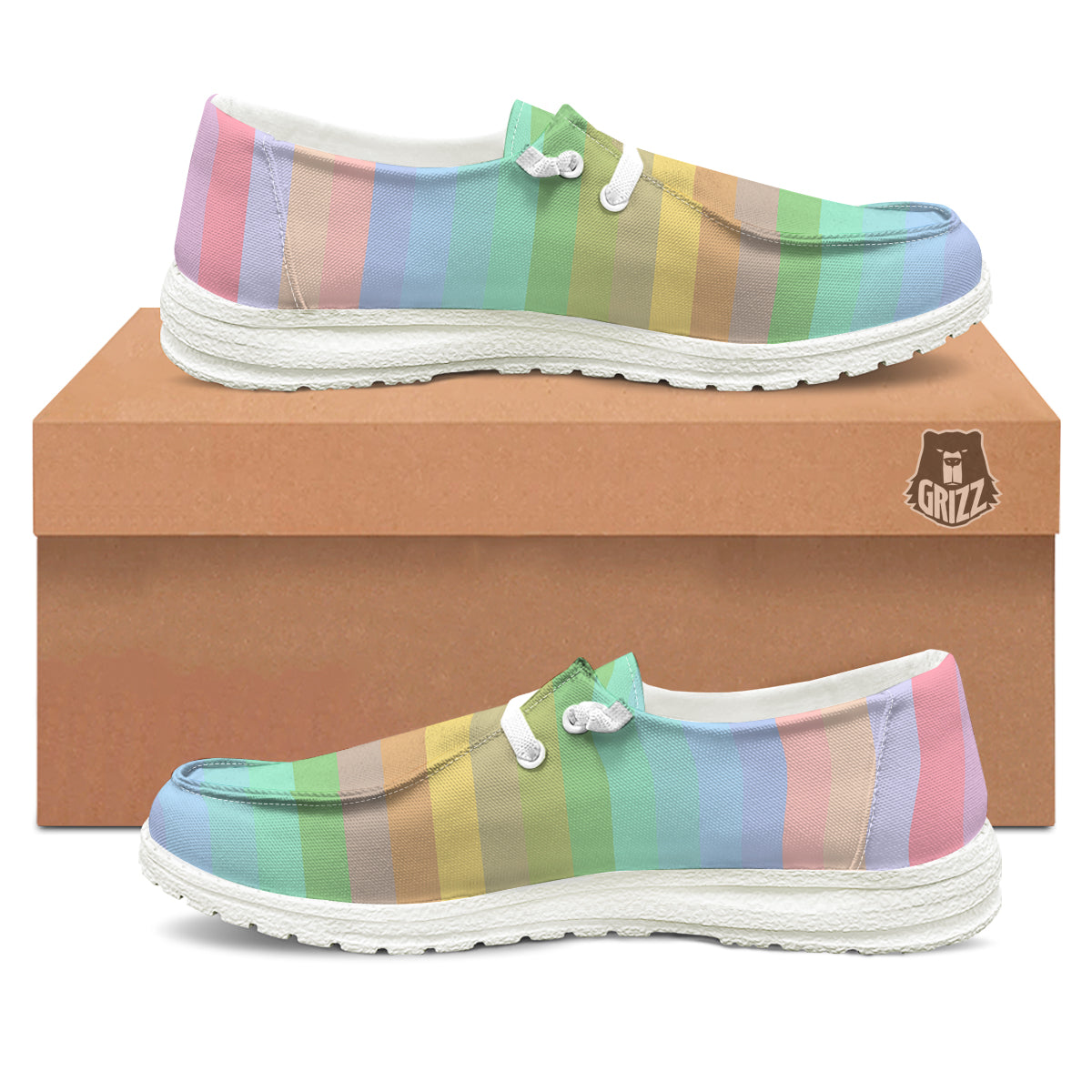 Stiped Rainbow Pastel Print White Loafers-grizzshop