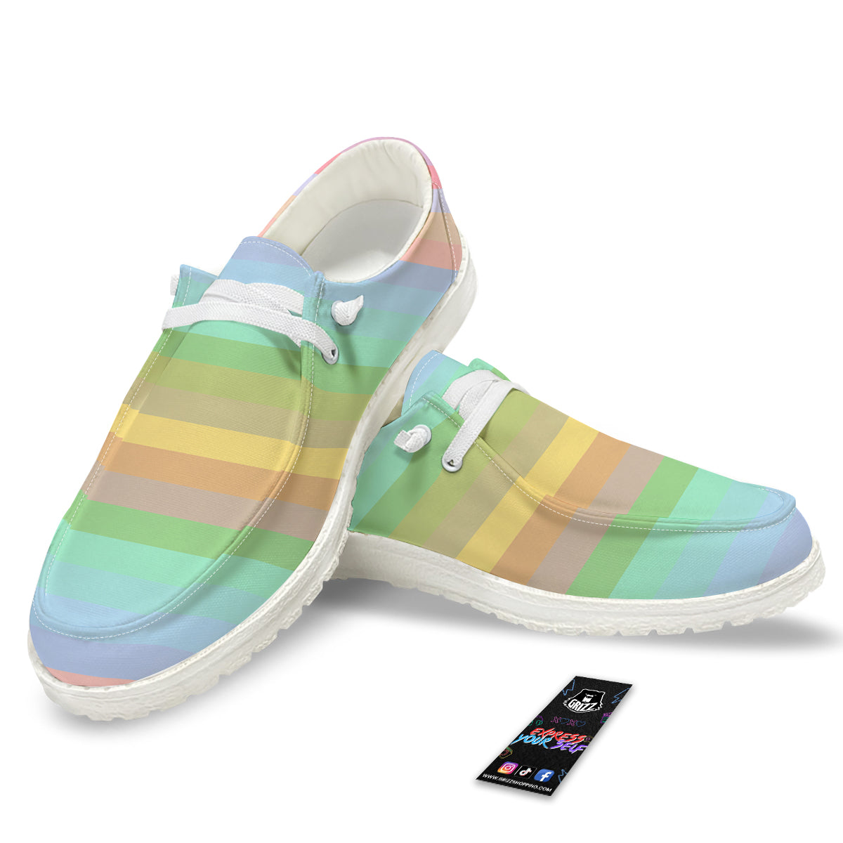 Stiped Rainbow Pastel Print White Loafers-grizzshop
