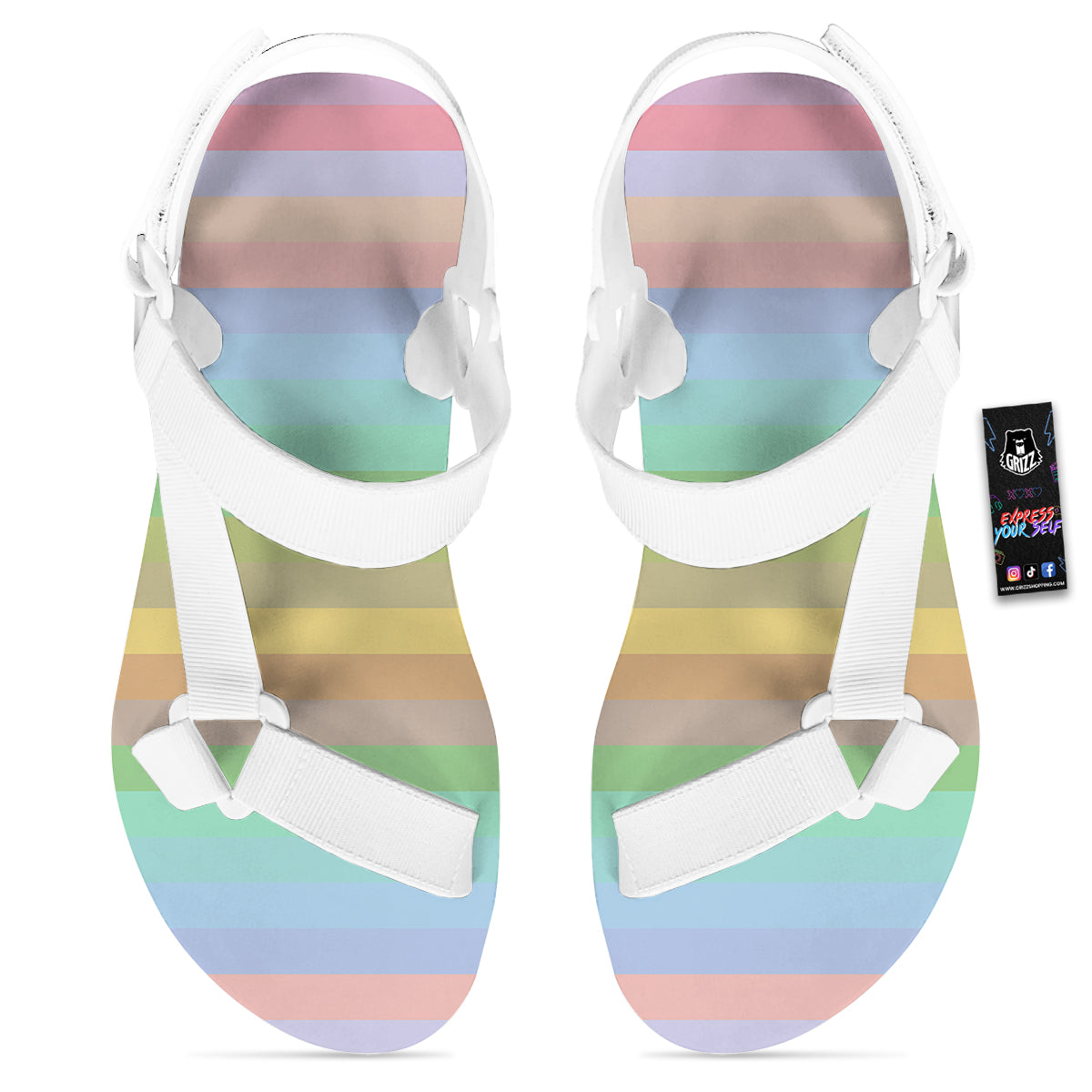 Stiped Rainbow Pastel Print White Open Toe Sandals-grizzshop
