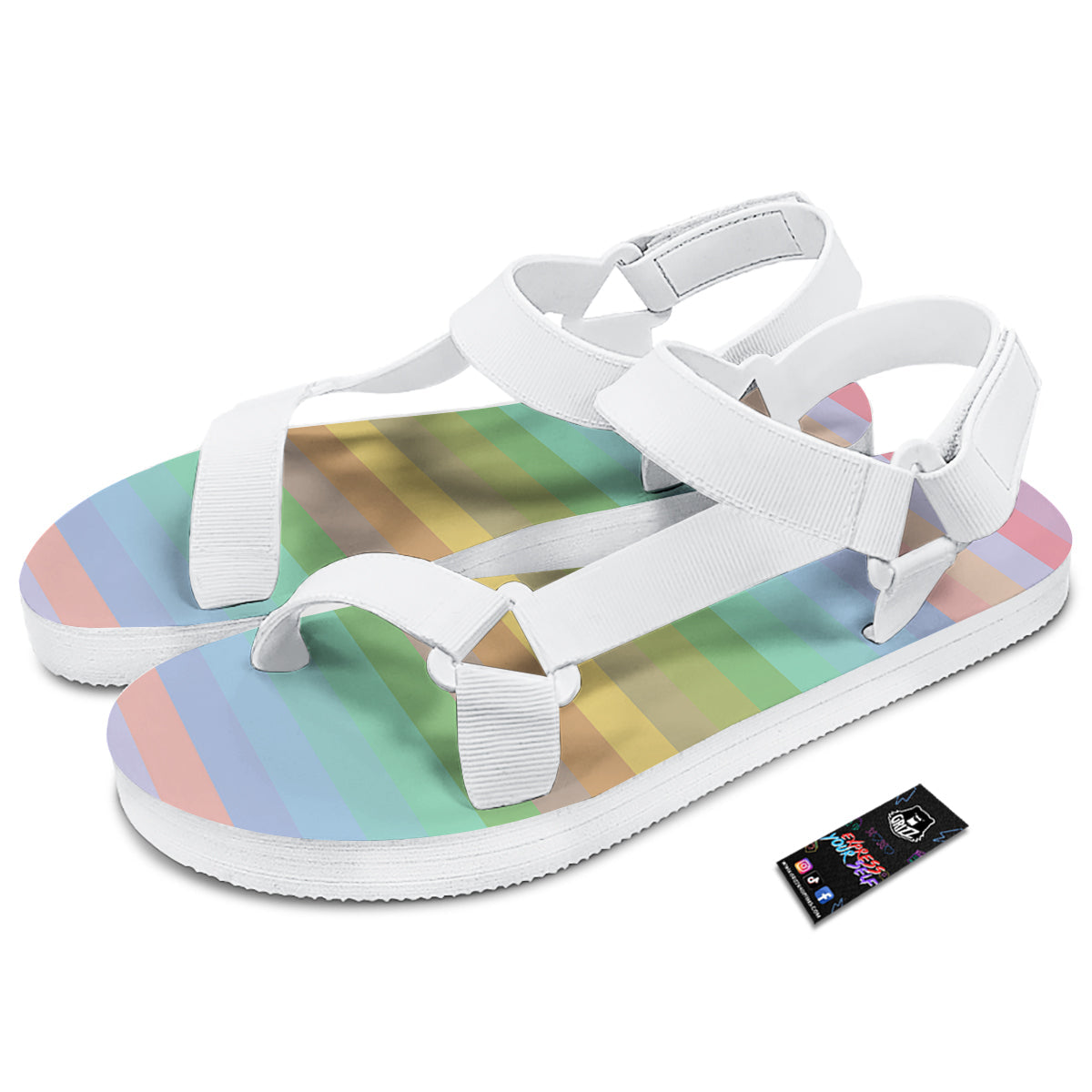 Stiped Rainbow Pastel Print White Open Toe Sandals-grizzshop