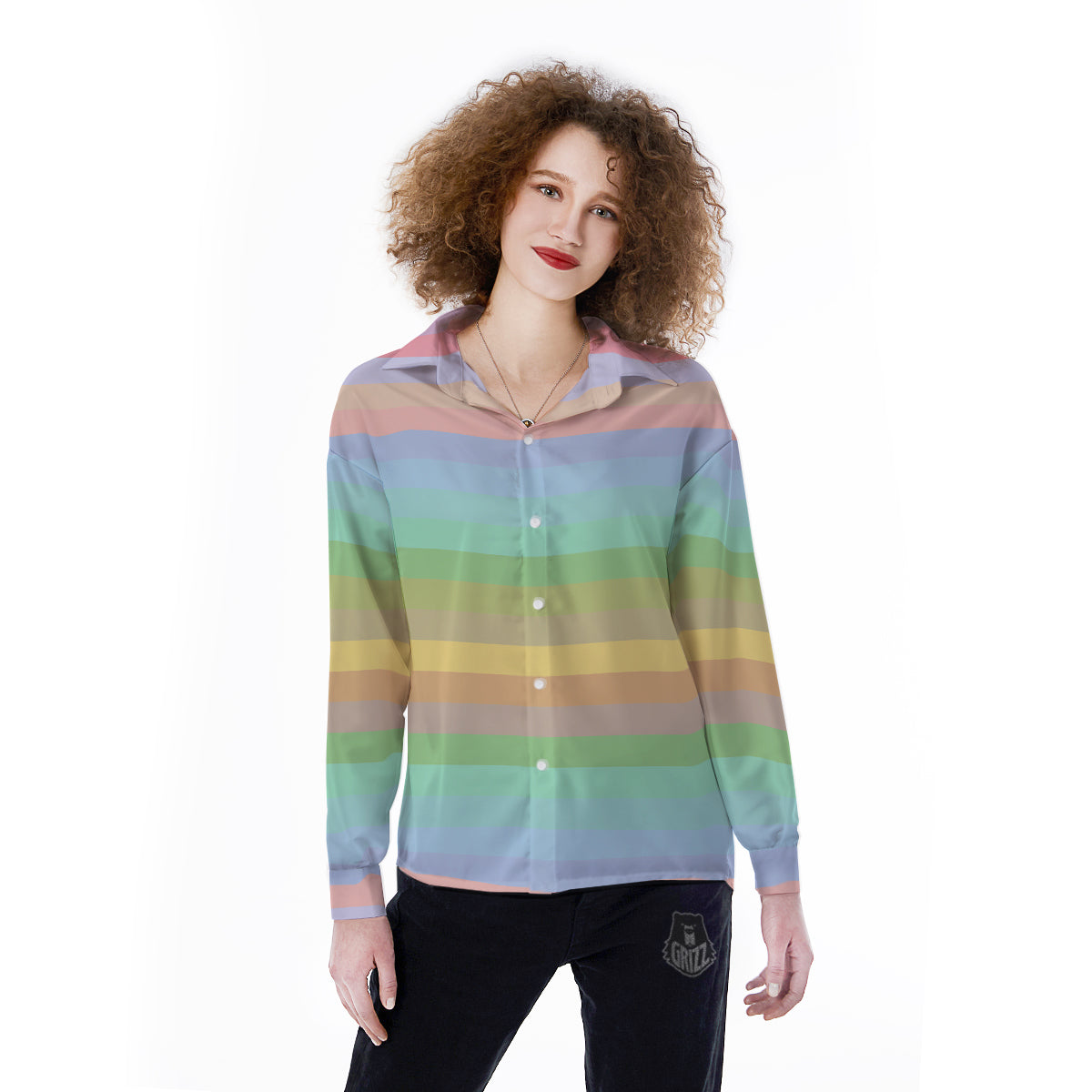 Stiped Rainbow Pastel Print Women's Long Sleeve Shirts-grizzshop