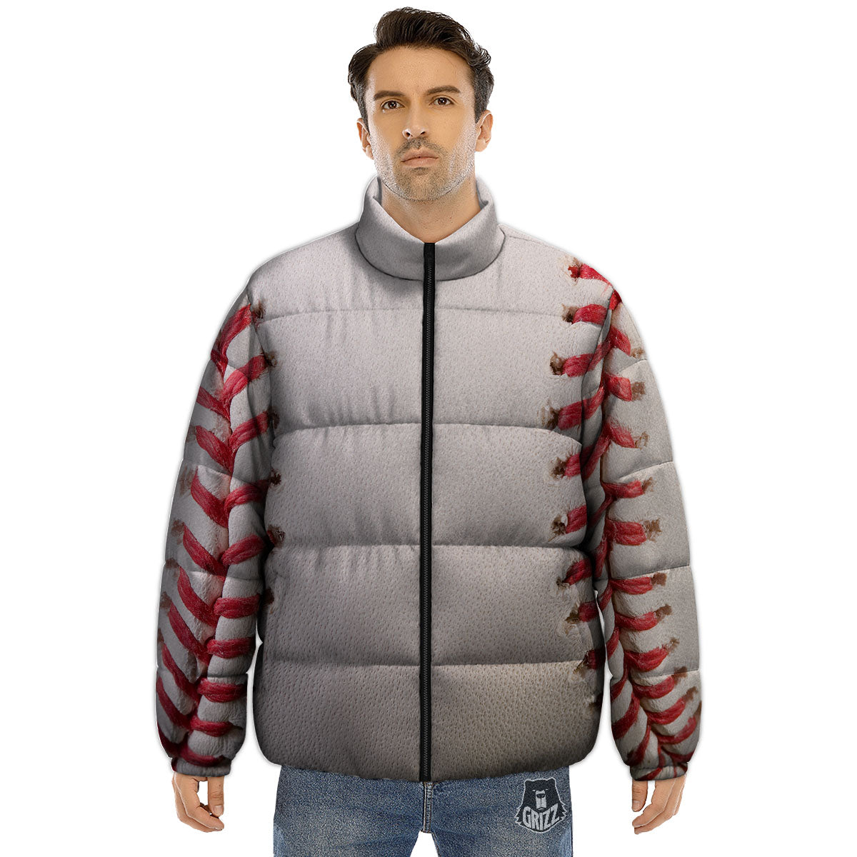 Stitching Baseball Print Puffer Jacket-grizzshop