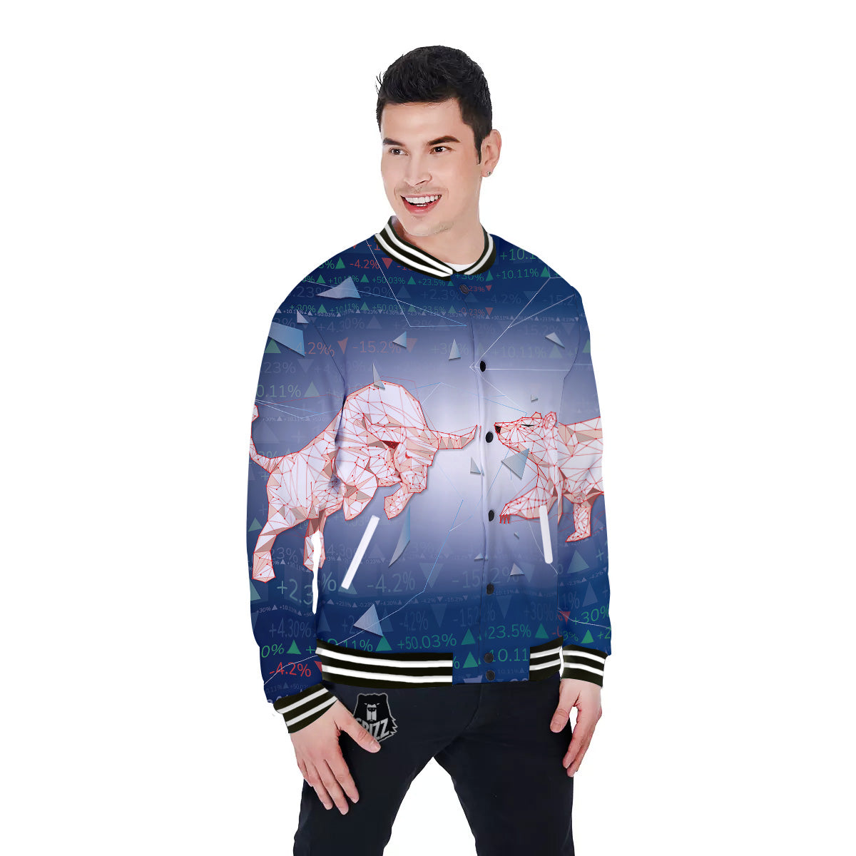 Stock Market Bear And Bull Print Baseball Jacket-grizzshop