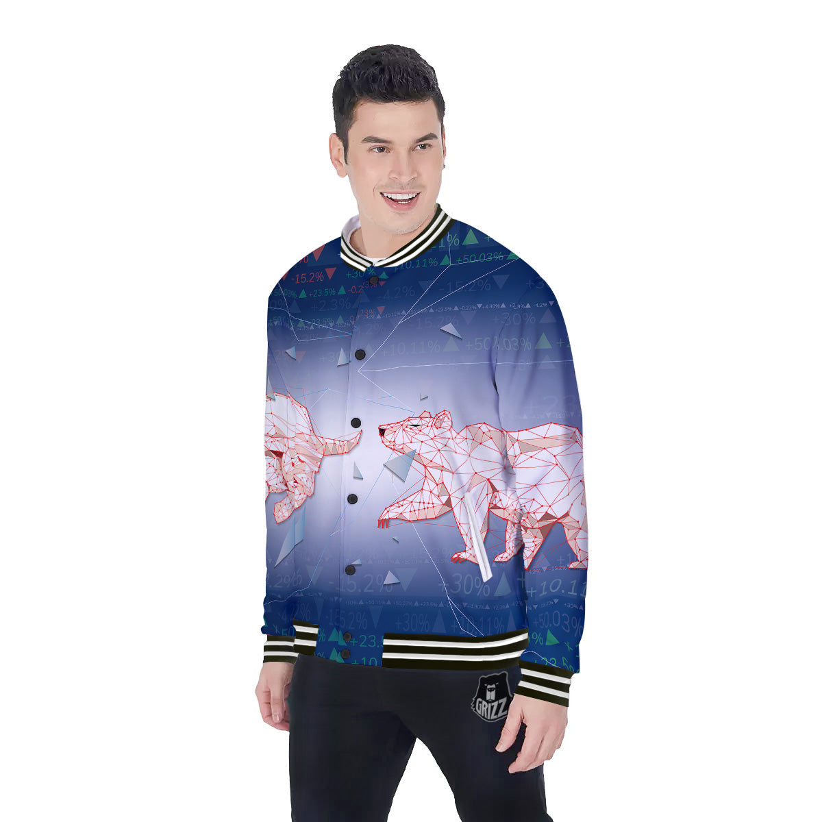 Stock Market Bear And Bull Print Baseball Jacket-grizzshop