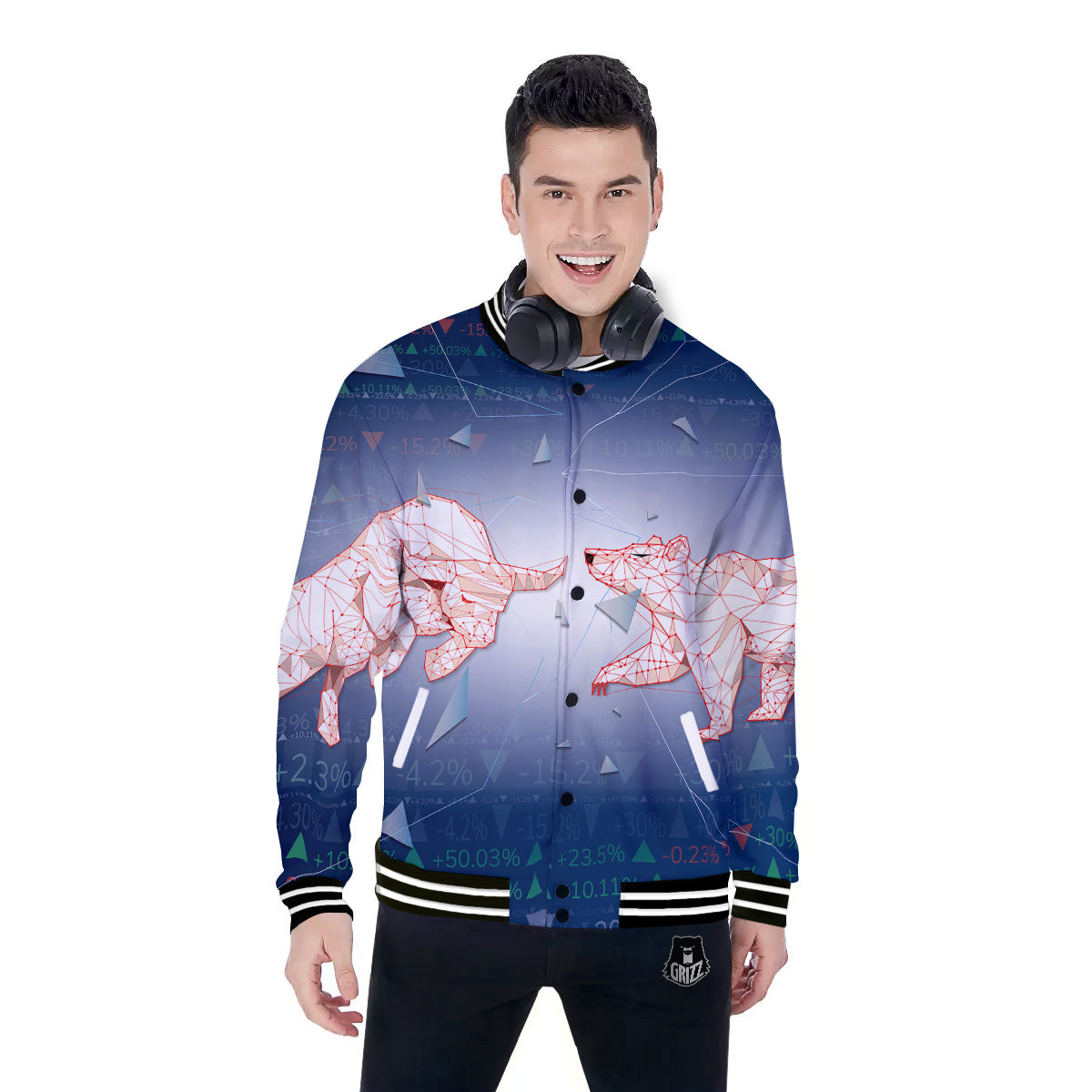 Stock Market Bear And Bull Print Baseball Jacket-grizzshop