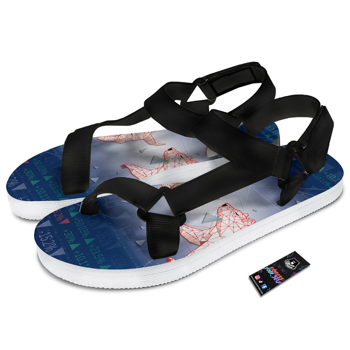 Stock Market Bear And Bull Print Black Open Toe Sandals-grizzshop