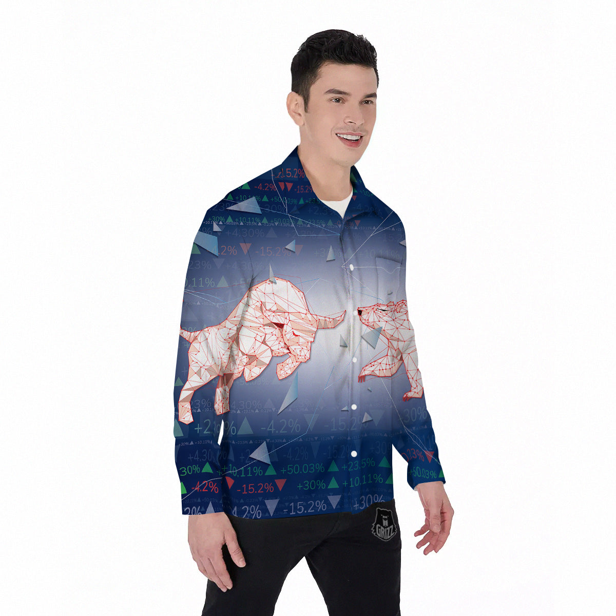 Stock Market Bear And Bull Print Men's Long Sleeve Shirts-grizzshop